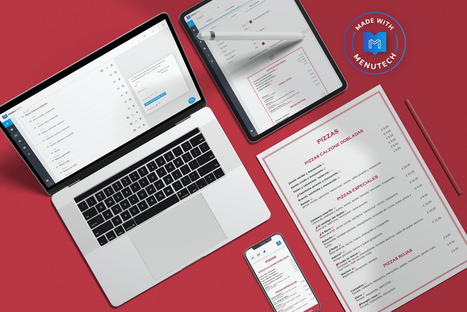 Pizzeria menu made on Menutech